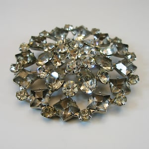 Vintage Signed Joseph Wiesner Deco Pin 2.4 inch - Clear Rhinestone Silver Tone Round Floral Design Brooch - Sparkling Rhinestones Vintage