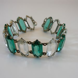 Antique Art Deco Czechoslovakia/Czech Silver Clear & Green/Emerald Glass Bracelet-Stunning Faceted Open Back Gems, Czech Art Deco Bracelet