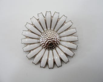 GEORG JENSEN Danish White Enamel 925 Sterling Silver Daisy Brooch
