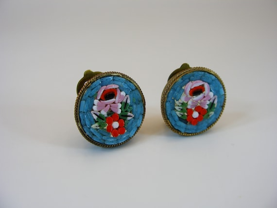 Micro Mosaic Italian Earrings Clips Flower Floral… - image 6