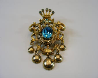 Vintage Heraldic Crown Brooch, Gold Tone Gothic Brooch with Blue Crystal