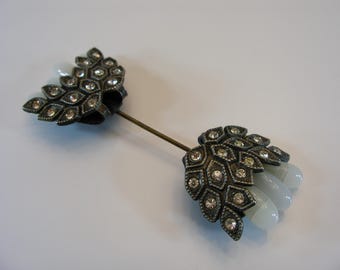 Broche de sombrero antiguo con diamantes de imitación, de metal negro, vintage de la década de 1900