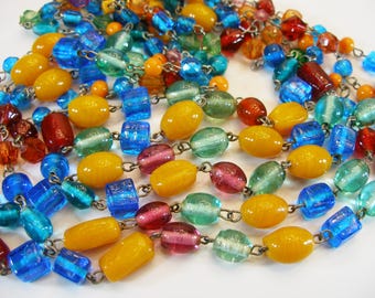 5 Strand Multicolor Art Glass Bead Necklace, Long Necklace, Vintage Beads