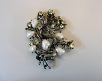 Vintage Coro Flower Bouquet Brooch, Faux Pearl Rhinestone Silver Brooch