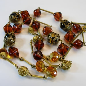 Vintage 1930s Czech Yellow Brown Glass And Brass Bead Necklace, Czech Necklace, Vintage Bohemian Glass Necklace