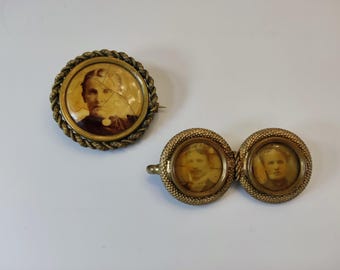 Antique Victorian Set Photo Mourning Brooch, Original 1900's Dual Two Photo Memorial