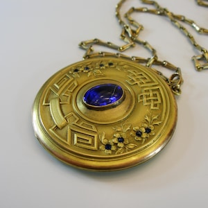 Oval Edwardian Art Nouveau Brass Floral Locket, Blue Crystal, Long Chains & Locket Pendant 1910&#39;s