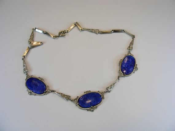 Vintage Germany Necklace, Blue Art Glass Choker, … - image 1