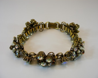 Vintage Florenza Bracelet AB Rhinestones and Faux Pearls Book Chain Bracelet Designer Signed Retro Victorian