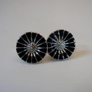 Black Daisy Georg Jensen Sterling Silver Earrings Signed Daisy-925S Silver And Black Enamel-Georg Jensen Daisy Earrings