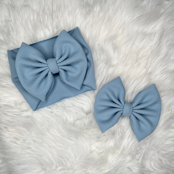 Light Blue Bow, Headwraps, Bow on Nylon, Clips, Piggies, Messy Bow, Topknot, Double Stacked, Shredded, Texas Size