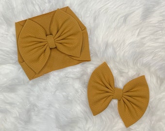 Mustard Yellow Bow, Headwraps, Bow on Nylon, Clips, Piggies, Messy Bow, Topknot, Double Stacked, Shredded, Texas Size