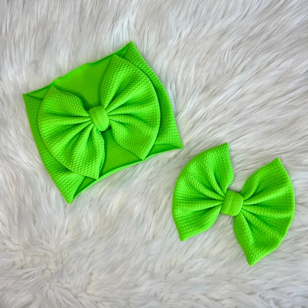 Lime Green Bow, Headwraps, Bow on Nylon, Clips, Piggies, Messy Bow, Topknot, Double Stacked, Shredded, Texas Size