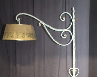 French vintage wrought iron floor lamp Torchiere Lampshade Forged iron floor lamp Antique lighting Ornate Gold Green Accent lamp