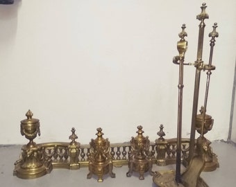 Antique fireplace andirons with fender Lion Firedogs French antique brass bronze andirons Fireplace decor Fireplace tools Fireplace surround