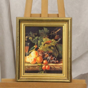 Still life painting Grape Grapes Fruit Fruits Peach Citron Lemon Birds Parrots Wall art Oil painting on wood Artwork Gold frame Wall decor