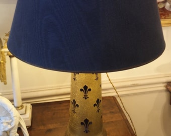 Elegant Romantic lamp Blue lampshade Cobalt blue Glass Heraldic lily flower decor Table lamp Gold lamp Bedroom Gold Accent lamp Desk lamp
