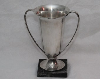 Silver trophy cup bowl Centerpiece Minimalist decor Footed bowl with handles Pedestal Vase