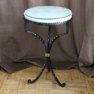 PAIR French Side Tables Round White Marble Top Black Wrought Iron base Bedside table Nightstands Sofa End table Cocktail table Coffee TABLE