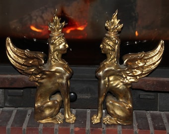 Antique bronze Winged Sphinx Greek Egyptian Griffin andirons Gothic decor Chimera decor Fireplace set Dragon Phenix Fire dogs Lion decor