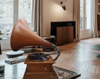 Gramófono HMV Senior Monarch His Masters Voice, auténtico tocadiscos de vinilo vintage, caja de sonido, fonógrafo antiguo con bocina, regalo musical