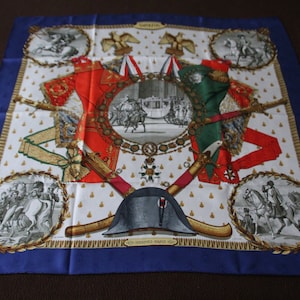 Navy blue Hermes silk scarf Napoleon Bonaparte hat Bees decor Authentic Hermes Gold bee Gold silk scarf Red Blue silk scarf Hermes France