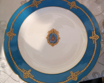 Grande assiette en porcelaine bleue de style Sèvres bleu, plaque en or, centre de table, décoration de cheminée de mariage Semper Fidelis Marine, cadeau décoratif