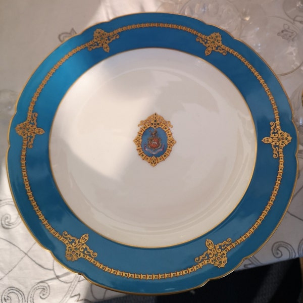 Assiette en porcelaine bleue style Sèvres bleu plaque en or centre de table mariage décoration de cheminée Semper Fidelis Marine cadeau décoratif