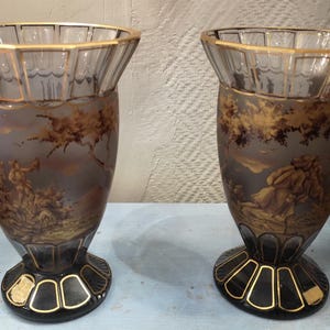 Wiktor Berndt glass flower vases PAIR Decorative vase Gold vase Dog Bear Tree Horse Birds Hunter Handpainted Vintage vase Accent vase
