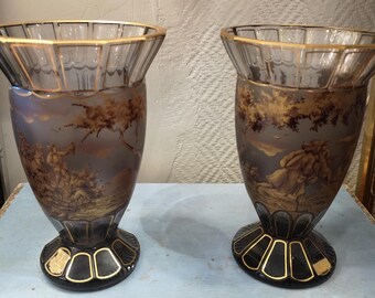 Wiktor Berndt glass flower vases PAIR Decorative vase Gold vase Dog Bear Tree Horse Birds Hunter Handpainted Vintage vase Accent vase