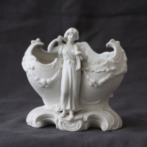 Art Nouveau Biscuit porcelain vase Woman Statue Planter Lady Sculpture Elegant decor Art Soft paste porcelain Romantic decor Bisque statue