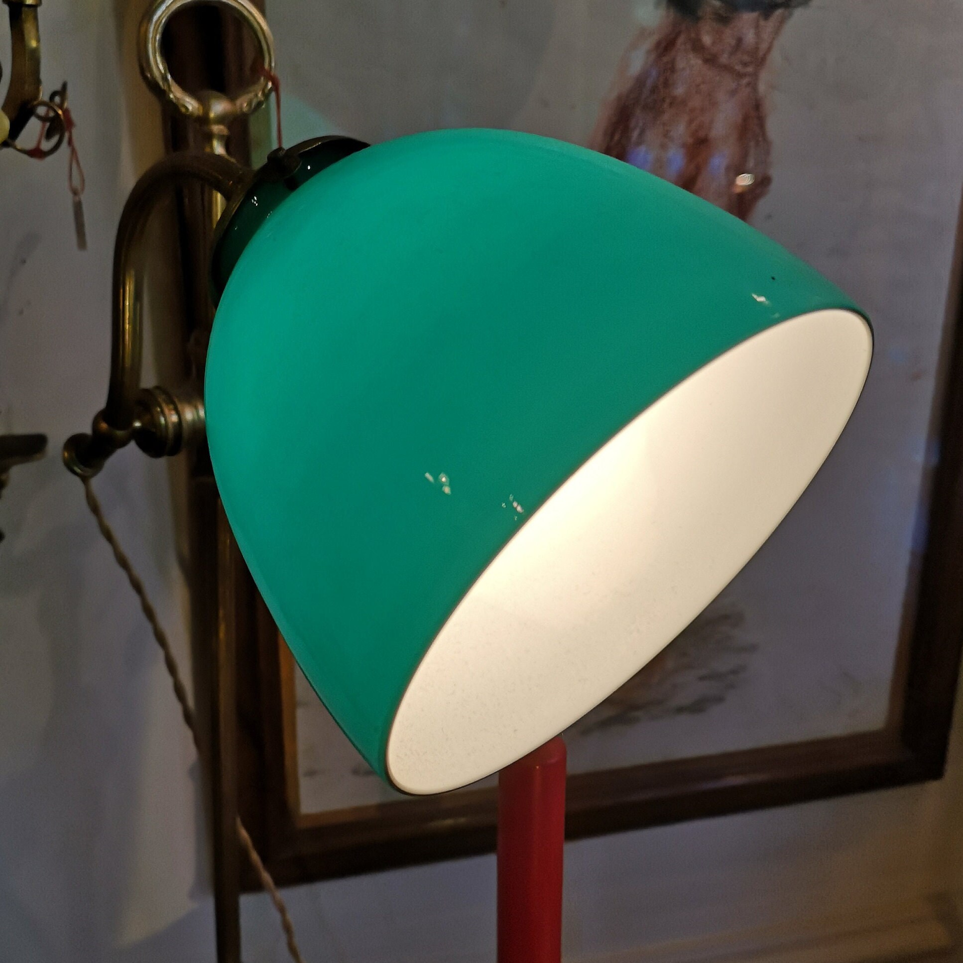 Français Vintage Lampe Vert Opaline Abat-Jour de Bureau Verte Table Verte