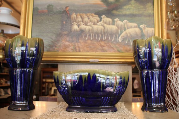 Set Planter Pair Of Vases Blue Faience Planter Blue Vase Etsy