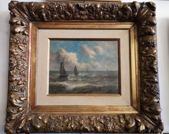 Seascape oil painting Gold frame Sailboat Sail Sailing Ship Boat wall art Coastal decor