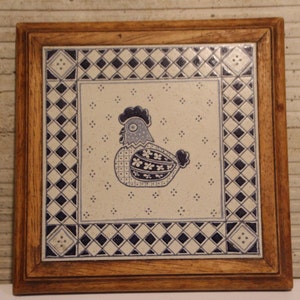 Blue and white ceramic chicken wall decor Framed Chicken wall art Signed Handcrafted