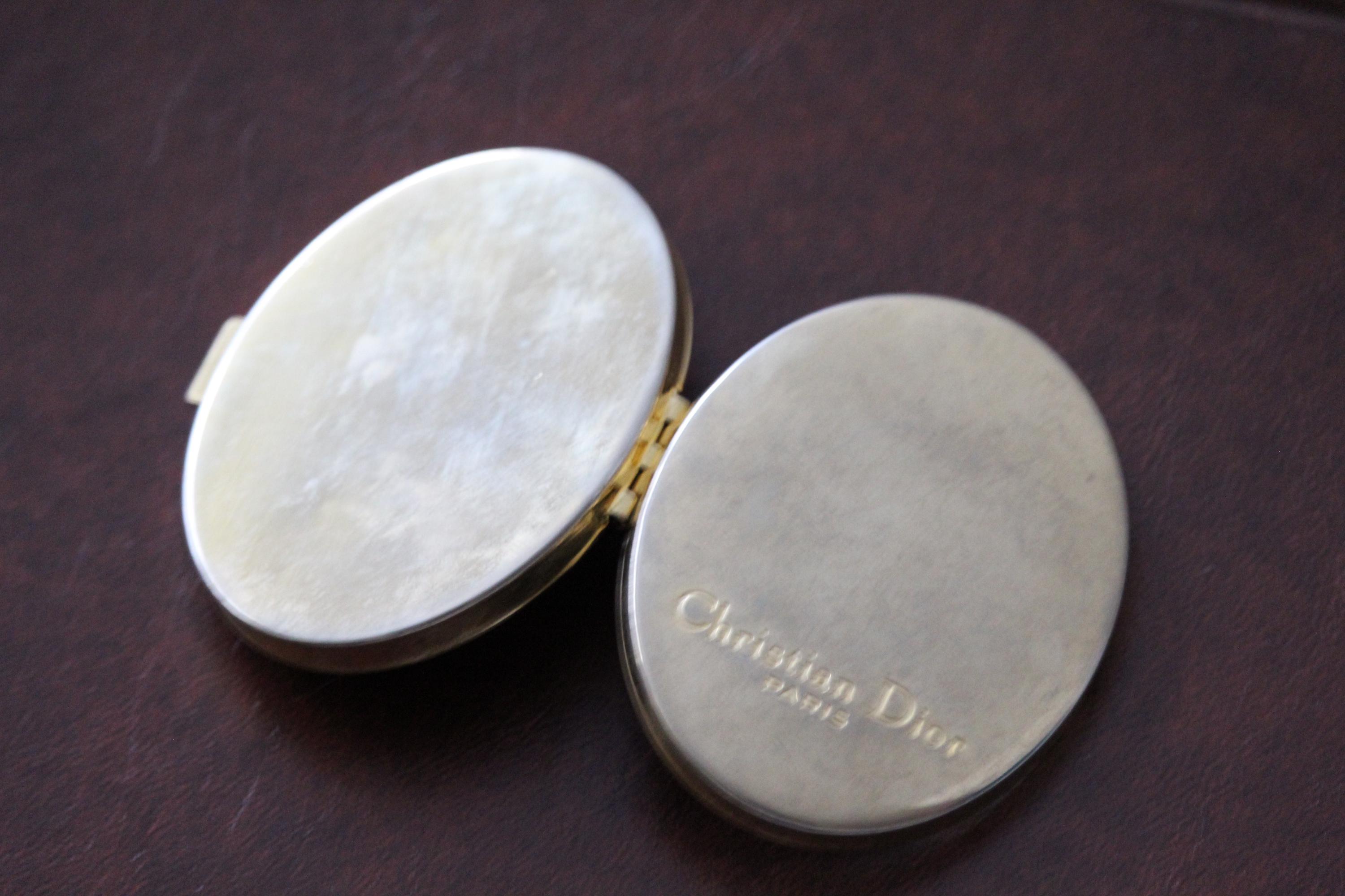Vintage Christian Dior Paris Oval Compact Pocket Mirror Gold Metal
