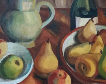 Nature morte peinture Pichet Pommes Poires Peinture bouteille de vin Jaune Rouge Vert Peinture à l’huile Œuvre d’art Signé Décoration murale Art mural Décoration de cuisine