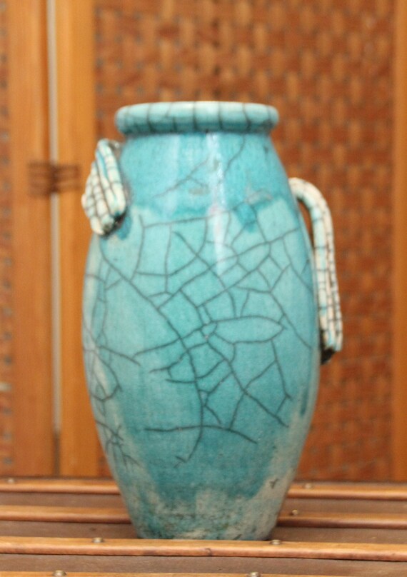 Blaue Keramikvase Mit 2 Griffen – Moderne Rustikale Bauernhaus-Vase – Dekorative Blumenvase Für Wohnzimmer, Küche & Tischdekoration (ca. 17x14x18 Cm)