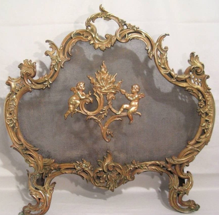 Français Rococo Fireplace Spark Guard Antique Bronze Fire Screen Cherubs Écran Foyer Décor Baroque F