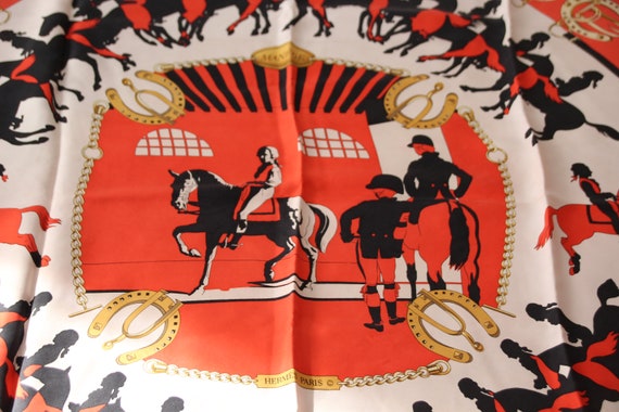 FrenchVintageAntik Hermes Silk Scarf Hermes Scarf Authentic Hermes Scarf Ladies Scarf Gold Scarf Red Scarf Horse Pattern Mothers Day Gift Gift for Her Scarves