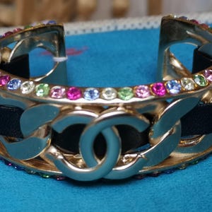 Vintage Chanel bracelet Luxury Gold plated Cuff bracelet Black leather Christmas gift for her Costume jewelry Fashion accessories