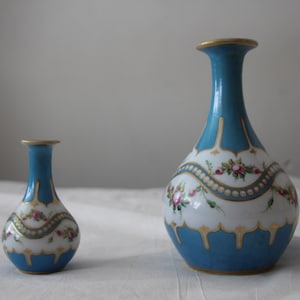 Pair of vases Baccarat opaline vase Blue Sevres style Turquoise French antiques Clear Blue celestial Handpainted Pink roses Floral Flower
