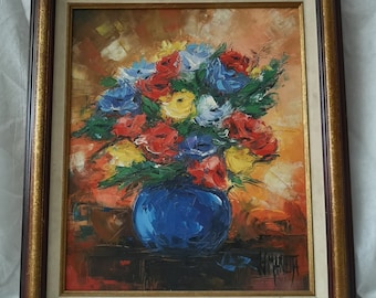 JJ Marietta Blue vase Still life painting Flower bouquet painting Yellow Red flowers Oil painting Framed artwork Signed Wall decor wall art