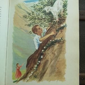 May include: A boy climbs a rocky cliff while reaching for a white goat perched on a branch. A girl in a red dress stands on the ground below.