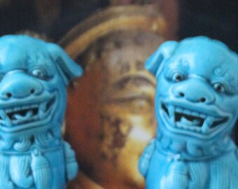 青い犬の置物 青い中国の犬の像 ターコイズ犬の置物 風水陶器の保護寺院の守護者