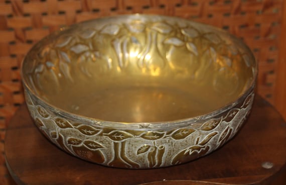 Gold fruit bowl Centerpiece vase Fruits decor Apple Pear Strawberry Leaves