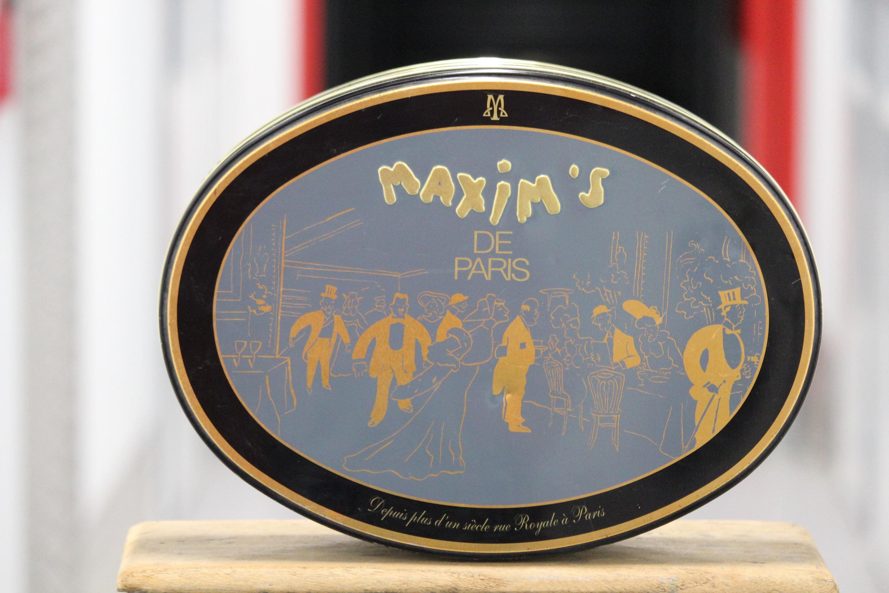 French Vintage Maxim's Paris Metal Box Gold Blue Biscuits Candies