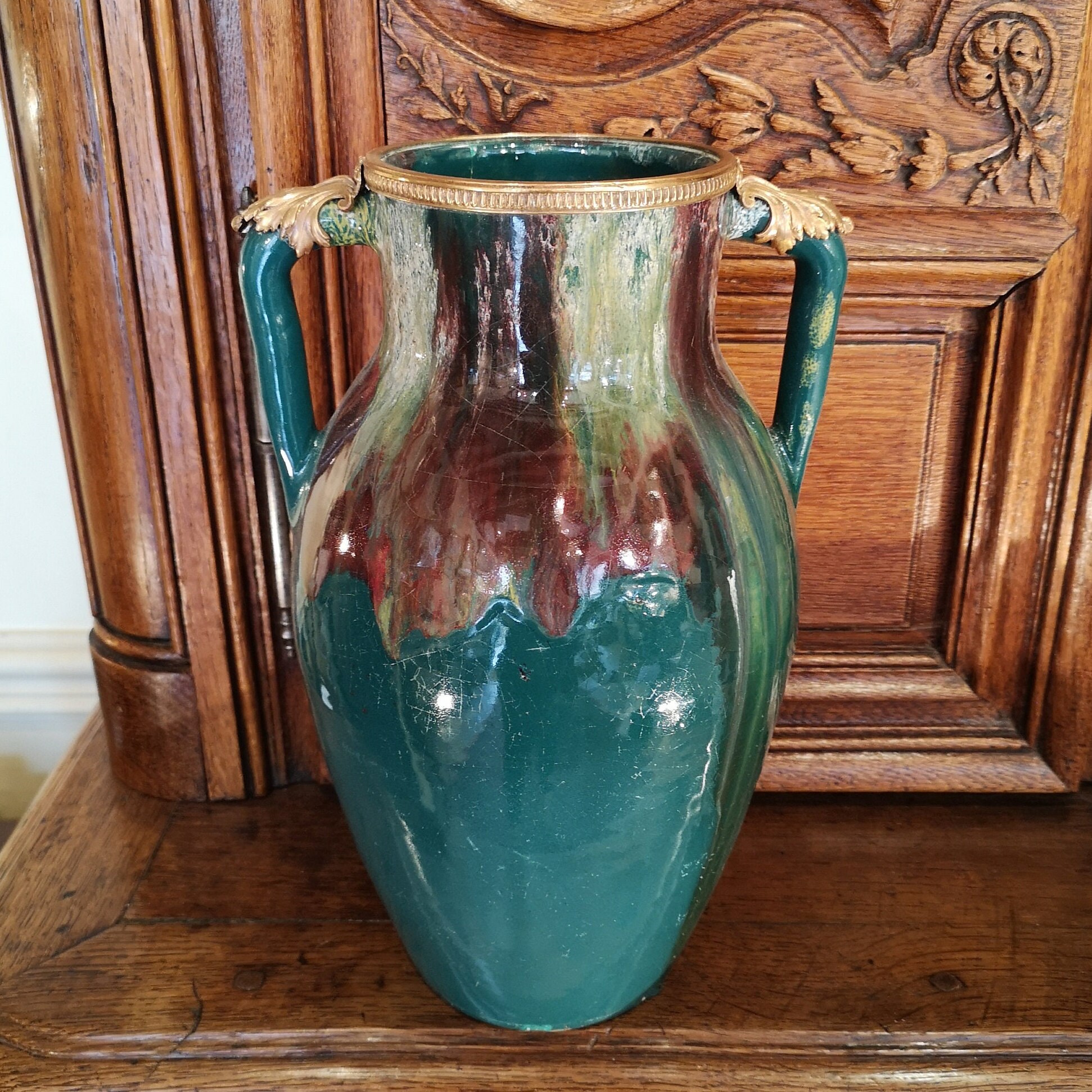 Art Nouveau Vase en Céramique Verte Amphore avec Poignées Décor Bronze Doré Décoratif à Fleurs Bleu 