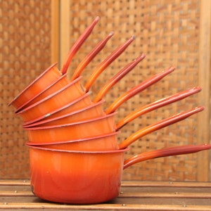 Orange enamel pots with handle French kitchen cookware set French Vintage Saucepans with Spouts Set of 8 Rustic Pans Enamelware Rustic decor