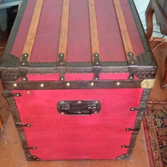 French Antique Steamer Trunk Large Chest Coffee Table Side Storage Wood Wooden